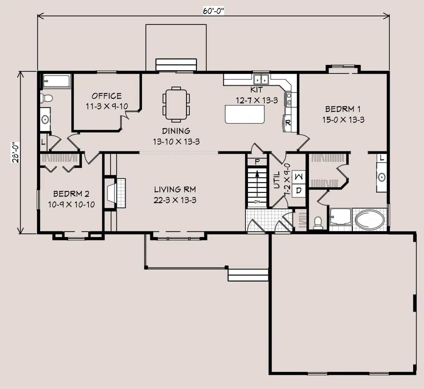 Claremont D floor plan, 60 feet by 28 feet